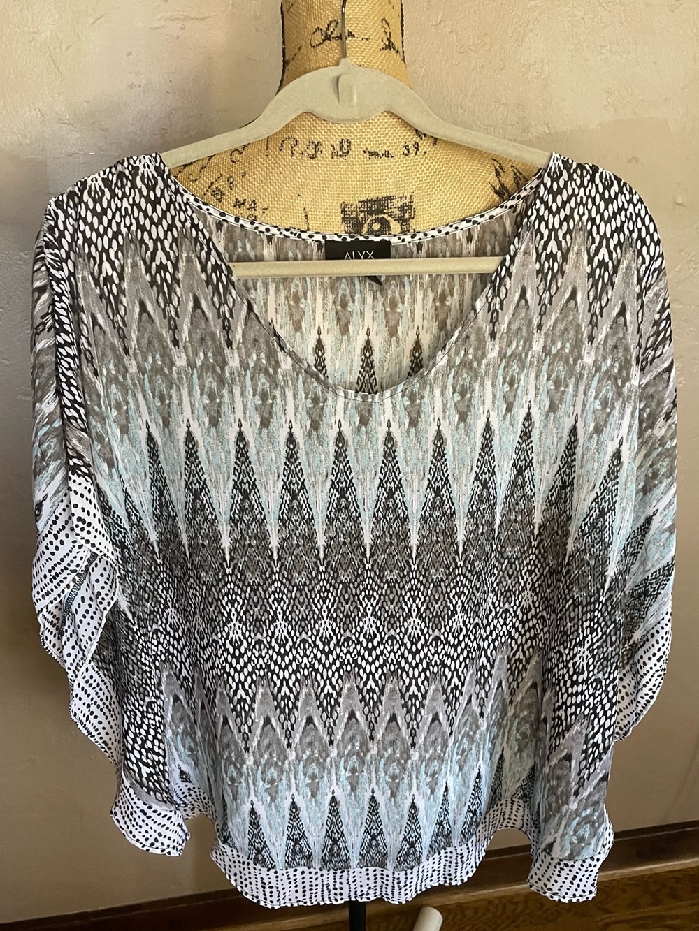 Alyx Black, Gray & Light Blue Printed pullover sheer Top 1X